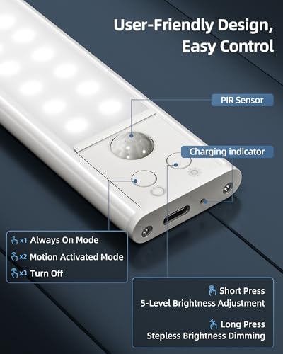 10inch Under Cabinet Lights, Motion Sensor Light Indoor, Wireless Closet Lights, 1800mAh Rechargeable Battery, Magnetic, 5 Levels Dimmable, Under Counter Lights for Kitchen, Bathroom (2 Pack) - size: 10inch