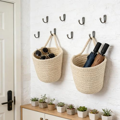 4 Pack Hanging Woven Basket, Small Hanging Basket for Wall, Boho Style Cotton Rope Storage Organizer, Woven Wall Baskets for Home Decor (Beige, 5.5" x 5.5")
