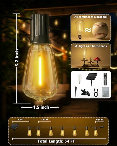 Solar String Lights Outdoor, 54FT(24+1) Patio Lights Waterproof with Remote & USB Port, Dimmable & Timer & 3 Light Modes, ST38 LED Solar Lights for Camping, Backyard, Deck, Garden (2700K) - size: 54FT (24Bulbs)