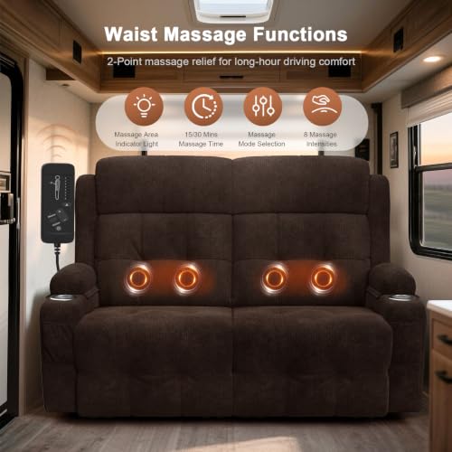 RV Loveseat Recliner Sofa, Reclining Loveseats Couch for RV Furniture, Home Theater Seating with Massage, USB, Insert Pockets, Cup Holders, 150° Wall Hugger RV Recliners Sleeper Sofa - color: Velvety Brown, size: Loveseat-G1