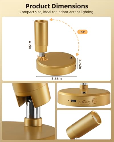 EZVALO LED Spotlight Indoor, 5500mAh Rechargeable Battery-Powered Picture Lights, Wireless Mini Art Accent Spot Lights with Remote, for Plants, Display, Painting, Artwork (4-Pack-Gold) - color: Gold