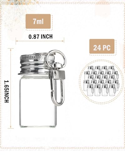 24 Pack 7ml Keychain Seasoning Bottles, Mini Glass Spice Containers for Travel & Camping, Small Empty Vials with Aluminum Lids for DIY Crafts, Wedding Favors, Home Crafts, Travel - size: 7 ml