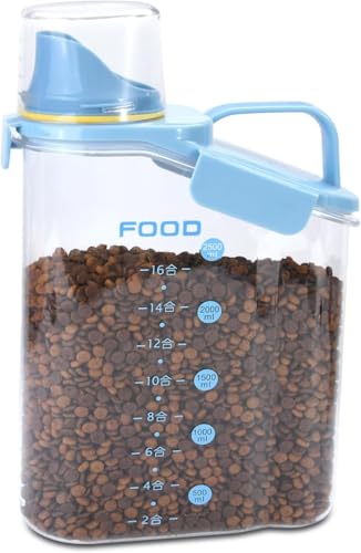 Dog Food Storage Container 3-5lbs, Dog Food Container with Airtight Pour Spout, Cat Food Storage Container with Measuring Cups, Portable Pet Food Container for Dogs, Cats, Birds（Blue） - color: Blue