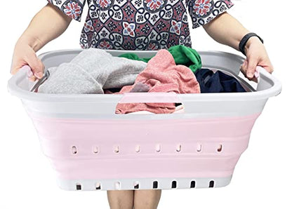 SAMMART 42L (11 gallon) Collapsible Plastic Laundry Basket - Foldable Pop Up Storage Container/Organizer - Portable Washing Tub - Space Saving Hamper/Basket (Grey/Pale Pink) - color: Grey/Pale Pink