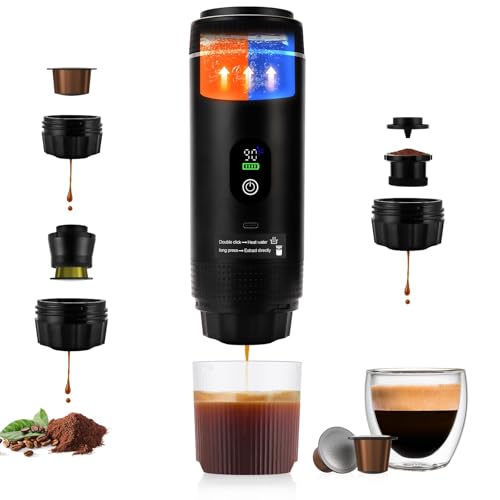 3 in1 Portable Espresso Machine with LED Display,20 Bar Pressure,Real-Time Temp&Battery Indicator,Portable Coffee Maker Compatible with Ground Coffee & Capsules, for Travel,Home & Office - color: Black-LED