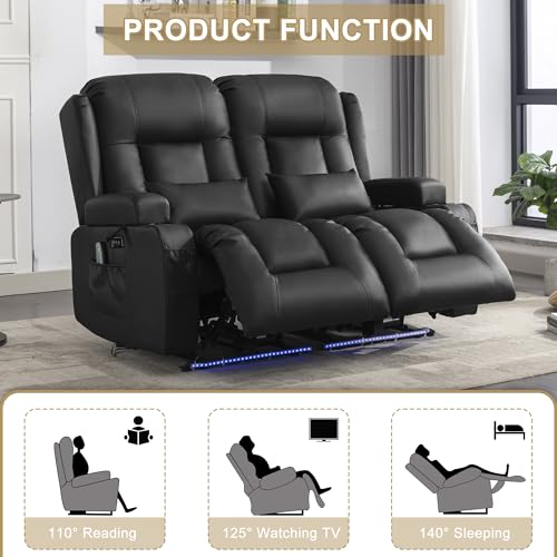 URRED Power Loveseat Recliner Sofa with Massage and Heat, Wall Hugger Reclining Loveseat, RV Couch Home Theater Seating with LED Lights for Living Room (Black, 54" - 2 Seats) - color: Black, size: 54" - 2 Seats