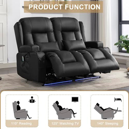 URRED Power Loveseat Recliner Sofa with Massage and Heat, Wall Hugger Reclining Loveseat, RV Couch Home Theater Seating with LED Lights for Living Room (Black, 54" - 2 Seats) - color: Black, size: 54" - 2 Seats