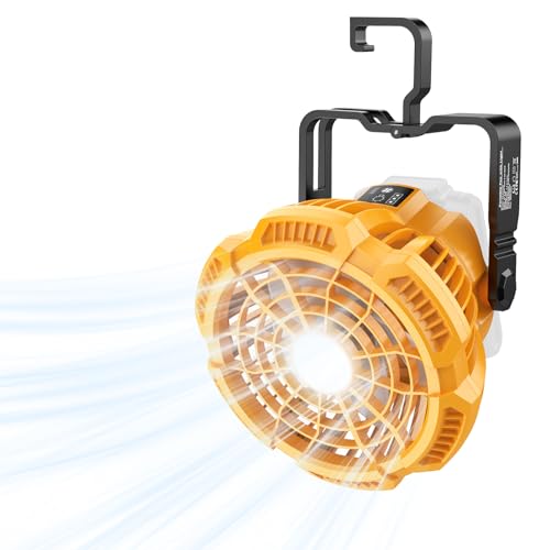Portable Fan for Dewalt 20V Max Li-ion Battery, Brushless Fan with 3-Speed Settings, LED Light, 3300 RPM, 180° Rotating Hanging Hook, Cordless fans for Jobsite, Camping fan for Tents(No Battery) - color: Yellow