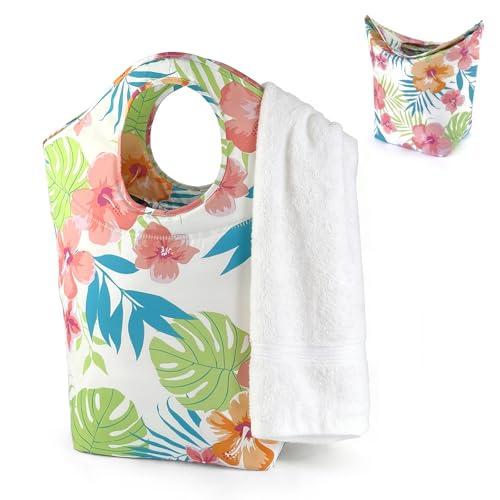 47L Foldable Laundry Basket, 18"x17"x9.5" Collapsible Laundry Hamper with Soft Padded Handle, Waterproof Fabric Storage Bag for Small Space, Dorm, Bathroom, Bedroom, Car Travel - color: Rainforest Flowers Colorful, size: 17"L x 9.5"W x 18"H