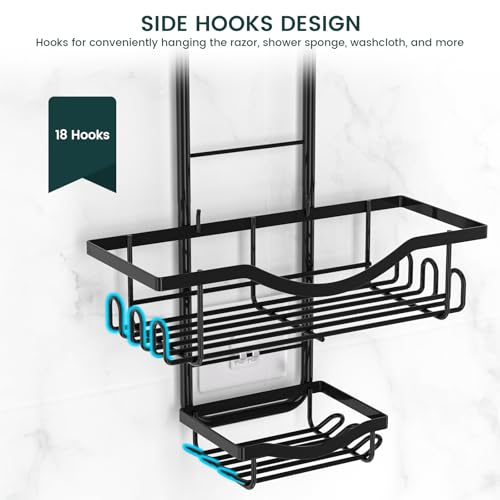 Shower Caddy Hanging Adjustable Shower Caddy, Rustproof Shower Organizer Extended Length Shower Caddies Over Shower Head with Hooks Soap Holder, Large Capacity Anti-Swing Bathroom Storage, Black - color: Black