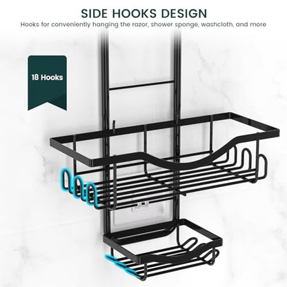Shower Caddy Hanging Adjustable Shower Caddy, Rustproof Shower Organizer Extended Length Shower Caddies Over Shower Head with Hooks Soap Holder, Large Capacity Anti-Swing Bathroom Storage, Black - color: Black