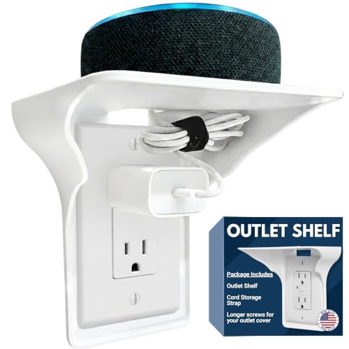 Power Perch Outlet Shelf w/ Cord Strap - Made in USA, No Drill, Holds 10lb | Socket Outlet Shelf, Echo Dot Holder, WiFi Router Shelf, GFCI Outlet Shelf, No-Drill Wall Mount, Toothbrush Holder, HomePod - color: White, size: Single Outlet 1 Pack