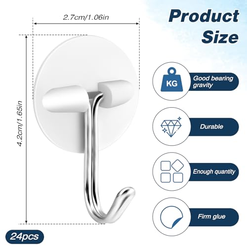 24pcs Round Plastic Hooks - Small Self Stick Hooks for Hanging, White, Waterproof & Oil Proof for Kitchen Utensils