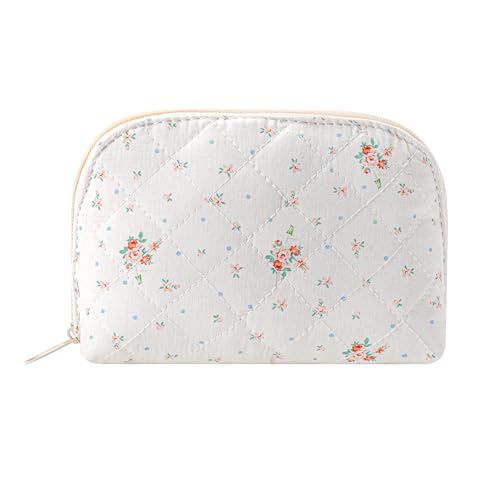 JOVAKIT Quilted Conch Shaped Makeup Bag Cosmetic Bag for Women, Floral Coquette Cotton Travel Makeup Case Toiletry Zipper Make Up Pouch, Travel Storage Organizer Stuff (White Small Flower) - color: White Small Flower
