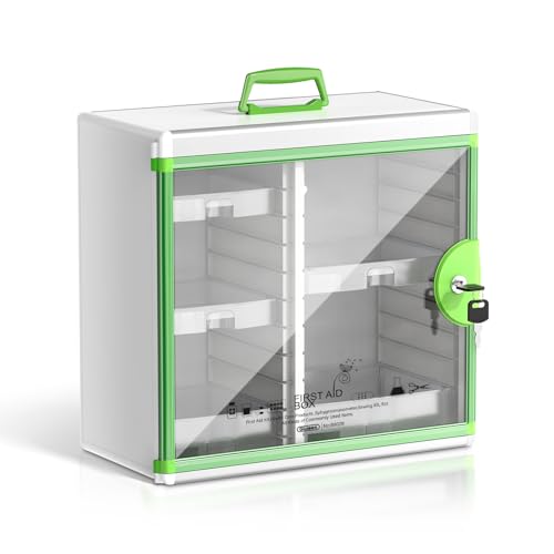 Glosen Lockable Medicine Cabinet with 5 Removable Trays, Wall Mounted & Portable Locking Medicine Cabinet Organizer with Key Lock for Home, Bathroom, Office - Aluminum Alloy Frame(13.6x13.4x6.5Inch) - color: Green, size: 13inch