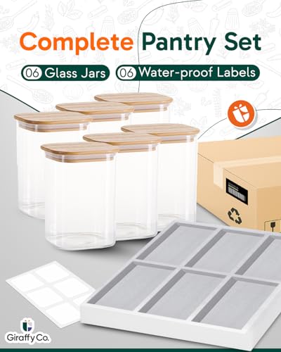 GIRAFFYCO Glass Food Storage Jars with Airtight Lids – Wide Mouth Pantry Containers, Thick BPA-Free Glass, Moisture & Insect Resistant, Customizable Labels Included – 38 oz (Set of 6) - size: Set of 6 - 38 oz