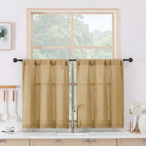 Chyhomenyc Lace Kitchen Curtains 30 Inch Length - Light Filtering Faux Linen Small Half Window Curtains Over Sink, Vintage Farmhouse Curtain Tiers for Bathroom Basement, 26Wx30L, 2 Pieces, Gold - color: Gold, size: 26"W x 30"L (Pack of 2)
