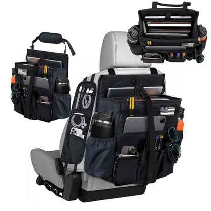 2 Pack Front & Seat back organizer with dedicated tablet and 17 IN laptop storage stabilizers external stabilizing side straps soft adjustable shoulder straps hardened buckle (Large Black) - color: Large Black