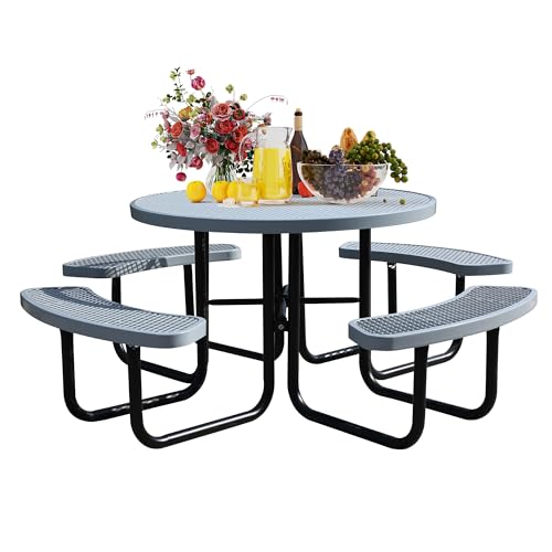 46'' Round Metal Picnic Table for Outdoors, Commercial Steel Metal Picnic Tables, Heavy Duty Sturdy Picnic Tables Furniture Set for Patio Garden Courtyard BBQ, with Umbrella Hole, Grey - color: Grey, size: 46in Round