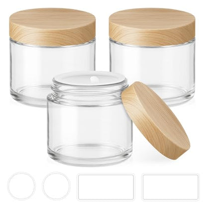 2 oz Small Glass Containers with Lids, Glass Jars with Woodgrain Lids & Inner Liners, Reusable Travel Containers for Creams, Makeup, Lotion, Cosmetic - 3 pack - color: Clear-3 Pack-2oz