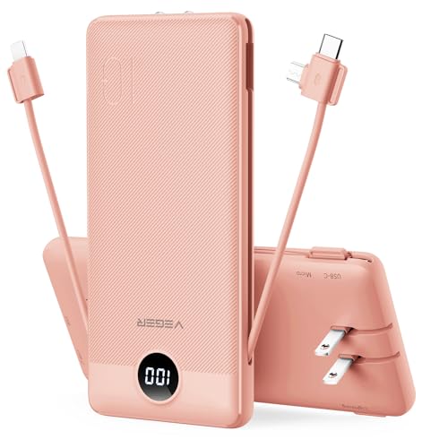 VEGER Portable Charger with Built-in AC Plug and Cables, All in One 10000mAh Ultra Slim Power Bank Travel Essentials, USB C External Battery Pack Compatible with iPhone, Samsung, More, Dark Pink - color: F Dark Pink