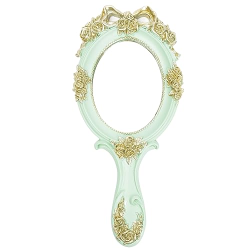 Nerien Handheld Mirror Vanity Makeup Mirror Travel Princess Metal Cosmetic Mirror Portable Oval Embossed Rose Mirrors Decorative Desk Girl Student Vintage Beautiful Handle Mirrors Blue-3 - color: Blue