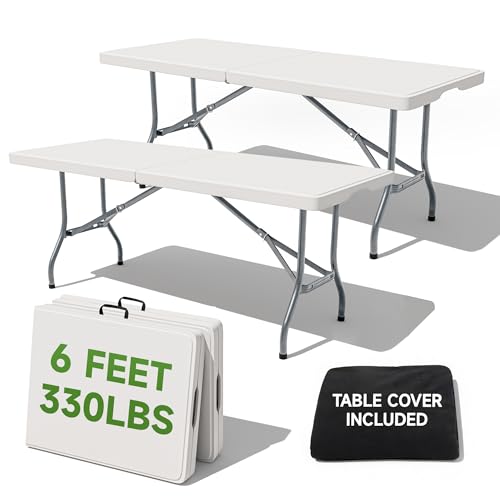 6 Foot Folding Table with Black Table Cloth- Durable 330LBS Capacity, Sturdy & Foldable Design withSafety Lock- Portable Folding Tables for Camping, Party, Indoor&Outdoor Use 2 Pack - color: White, size: 6FT-2 PACK, style: Standard with Table Cloth