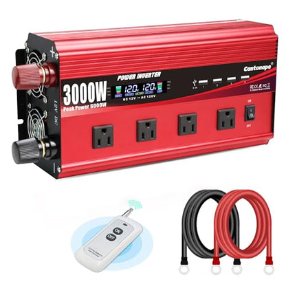 Cantonape 3000W Power Inverter 12V to 110V/120V DC to AC with LCD Display, Remote Controller 4 x AC Outlets and 4 x 3.1A USB Car Adapter for Car Truck Boat RV Solar System - size: 3000W-12V
