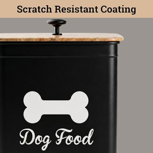 Dog Food Container Airtight 5-7 lb (25 Cup) Capacity - Cute Airtight Dog Food Storage Container with Bamboo Lid & Sturdy Metal Handle - Black Metal Kibble Storage Bin for Dogs up to 50 lbs - Pet Jar - color: Black
