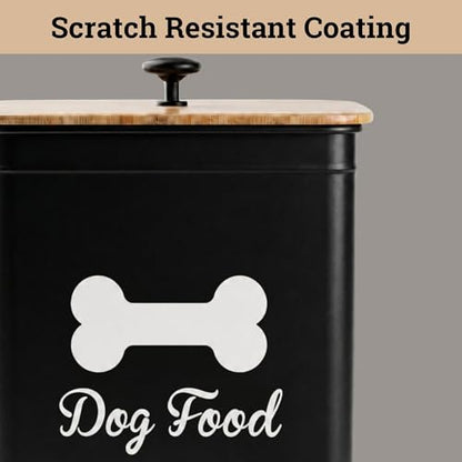 Dog Food Container Airtight 5-7 lb (25 Cup) Capacity - Cute Airtight Dog Food Storage Container with Bamboo Lid & Sturdy Metal Handle - Black Metal Kibble Storage Bin for Dogs up to 50 lbs - Pet Jar - color: Black