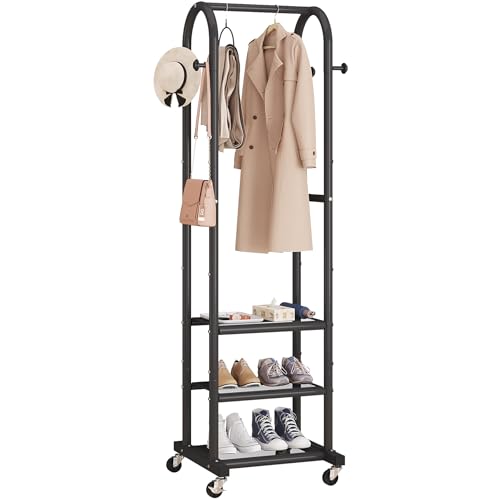 Dttwacoyh Metal Clothing Rack with Wheels and Hanging Hooks,Narrow Coat and Shoe Rack,Small Hall Tree,for Small Space, Bedroom, entryway, Walk-in Closet, Laundry Room– Black - color: Black