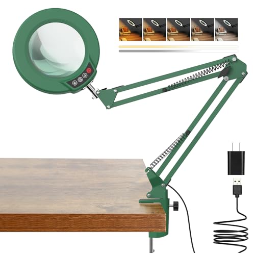 10X Magnifying Glass with Light and Clamp, Real Glass Stand Lighted Magnifier, 5 Color Modes Stepless Dimmable LED Desk Lamp Hands Free for Crafts Hobby Reading Painting Sewing Close Work - Green - color: Green, size: 10X