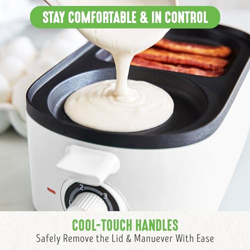 GreenLife 3-in-1 Breakfast Maker Station, Healthy Ceramic Nonstick Dual Griddles for Eggs Meat Sausage Bacon Pancakes and Breakfast Sandwiches, 2 Slice Toast Drawer, Easy-to-use Timer, White - color: White