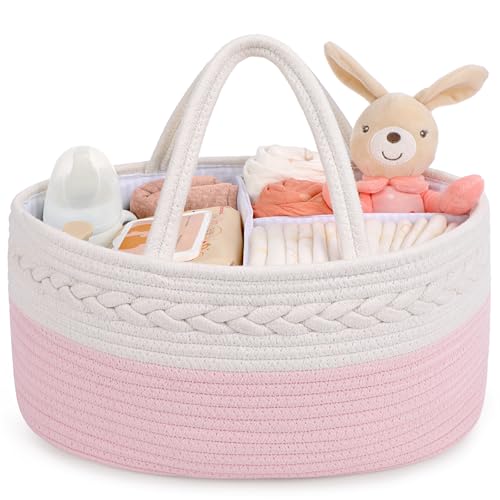 Maliton Diaper Caddy for Baby Girl-Cotton Rope Diaper Caddy, Diaper Organizer for Changing Table, Portable Baby Basket for Storage Baby Stuff, Newborn boy girl baby essentials Registry Items - color: A-Pink, size: Large