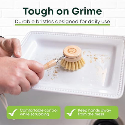 Tieralia Bamboo Dish Brush Set 5 Piece – Eco Friendly Kitchen Cleaning Kit with Bottle Brush, Long Dish Brush, Palm Scrubber & 2 Plant-Based Sponges | Plastic-Free Natural Dish Scrubber