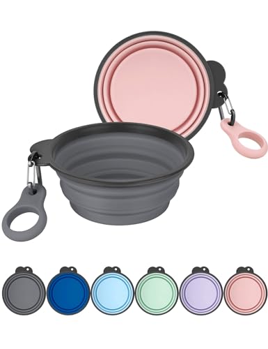 Aonkey Collapsible Dog Bowls with Bottle Carrier, 2 Pack Travel Dog Water Bowl Upgraded Carabiner, One-piece Molded Rim No Fall Off or Crack, Foldable Silicone Portable for Pets Walking Hiking 15oz - color: 1. Gray & Pink, size: Small (Pack of 2)