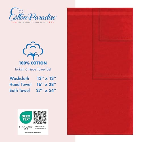 Cotton Paradise 100% Cotton Turkish Towel Set, Soft Absorbent Quick Dry, 6 Piece Towel Set, Red - color: Red