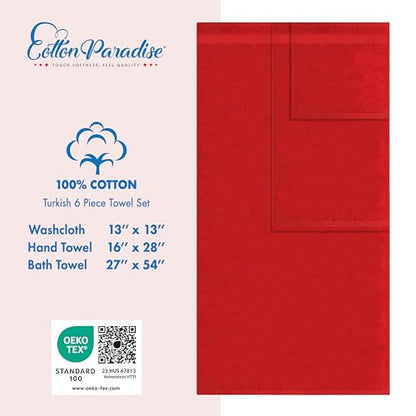 Cotton Paradise 100% Cotton Turkish Towel Set, Soft Absorbent Quick Dry, 6 Piece Towel Set, Red - color: Red