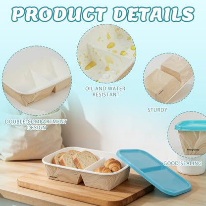 8 Pack 32oz Paper Lunch Box Bento Boxes, 2-Compartment Food Storage Containers with Lids, Leakproof Soak-Proof and Microwave Safe, Disposable To Go Boxes for Picnics, Offices, Catering, Blue Lid - color: Blue