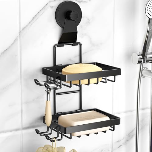 Moforoco Soap Bar Holder for Shower, No Drilling, 304 Stainless Steel, Wall Mounted Soap Holder with 4 Hooks and Razor Holder, Shower Rack Soap Tray Bar Soap for Bathroom (Black, 2-T Suction Cup) - color: Black, size: 2-T Suction Cup