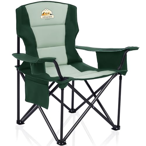 Colegence Heavy Duty Camping Chair for Adults, Oversized Heavy People Foldable Outside Camp Chairs Carry Bag Included, with Cooler Bag Cup Holder, Side Pocket for Lawn,Sport,Outdoor,Dark Green - color: Dark Green, style: Single Pack