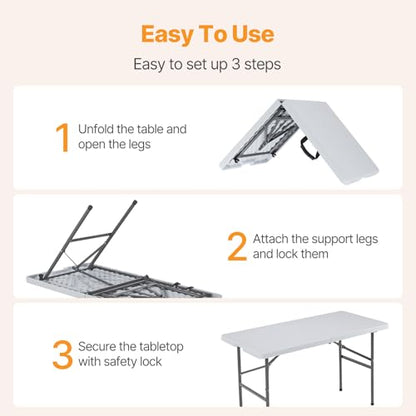 4 Feet Folding Picnic Table, Plastic Table with Carrying Handle, Heavy Duty Portable Table for Camping Party, White