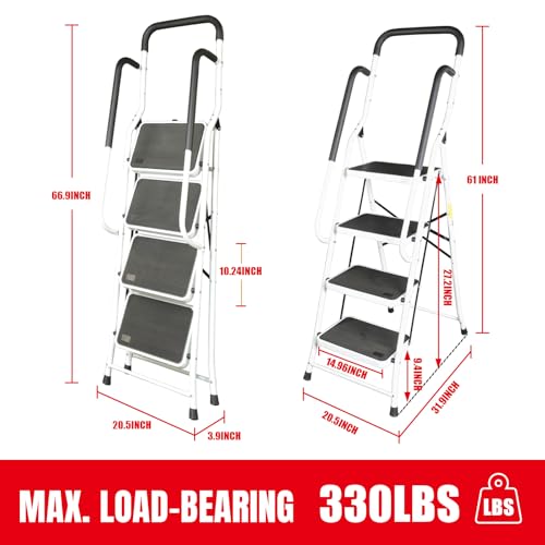 Big RED Ergonomic 4 Step Folding Ladder with Anti-Slip Pedal: Step Stool with Padded Handle for Kitchen, Household, Offices - style: 4 Step Ladder