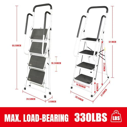 Big RED Ergonomic 4 Step Folding Ladder with Anti-Slip Pedal: Step Stool with Padded Handle for Kitchen, Household, Offices - style: 4 Step Ladder