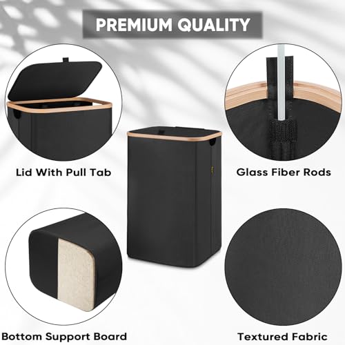 BALEINE Laundry Hamper with Lid, Tall Laundry Baskets with Bamboo Pull Handles, Large Laundry Bin with Internal Support (18 Gal/70L, Black) - color: Black, size: 70 liters
