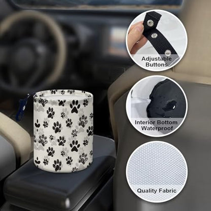 Renewold Car Trash Can Car Trash Bag Foldable Hanging Dog Paw Black Beige Trash Bin Garbage Can Adjustable Button Straps Home Office Camping Picnic Beach Storage Organizer Bag Container - color: Dog Paw Black Beige