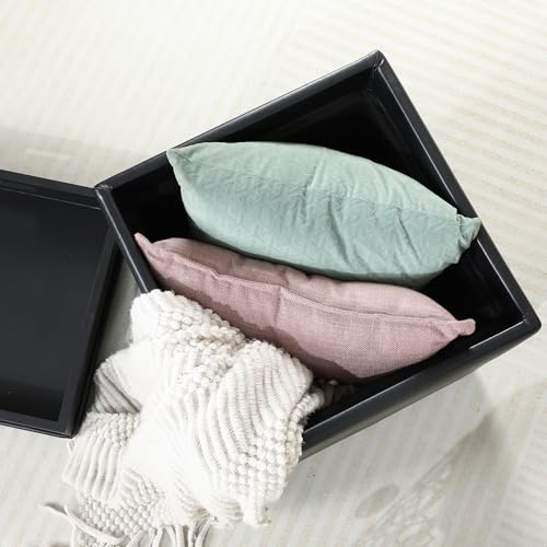 Adeco 17" Black Storage Ottoman Cube with Tray Lid, Small Footstool with Storage, Square End Table for Living Room & Bedroom - color: Black Leather With Tray