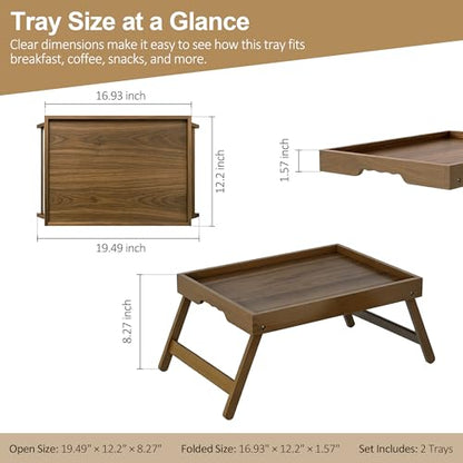 Large Breakfast Tray with Folding Legs Set of 2, 16.9" x 12.2" Bamboo Bed Tray Table with Ergonomic Wave Handles, Foldable TV Dinner Tray for Bed Couch Sofa, Breakfast, Laptop, Coffee, Walnut - color: Walnut, size: Large