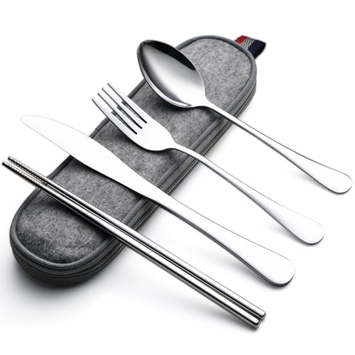 DEVICO Camping Utensils, Full-Size Reusable Silverware for Lunch Adult, Stainless Steel Travel Cutlery Set with Case, Portable Fork Spoon Knife Set for Work, Flatware with Chopsticks (Silver) - color: Silver