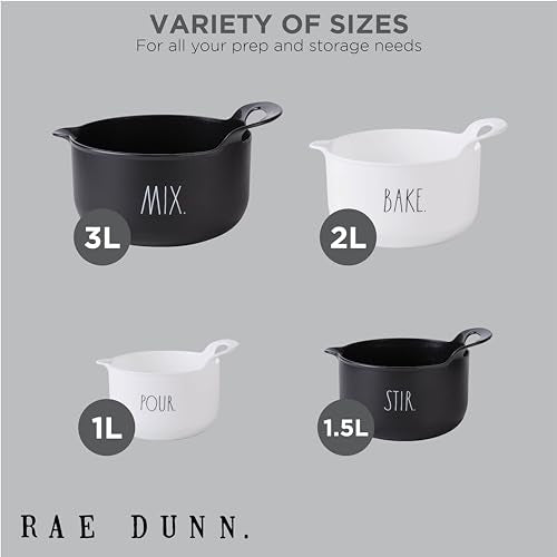 Rae Dunn Non-Slip Mixing Bowls - 4 Piece Nesting Plastic Mixing Bowl Set with Pour Spouts and Handles-Measurement Markings (Black) - color: Black